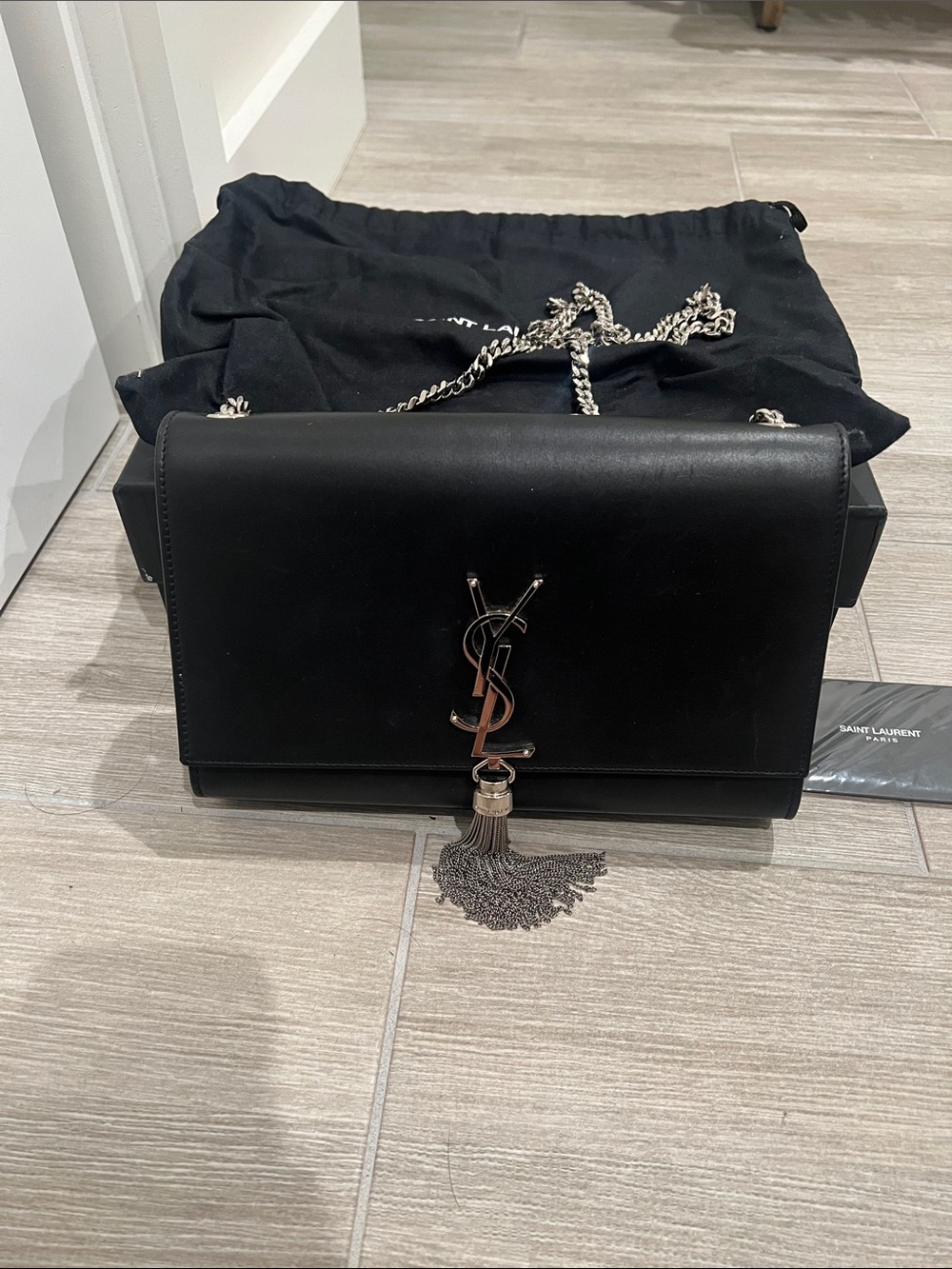 Saint Laurent Black Leather Monogram Tassel Shoulder Bag